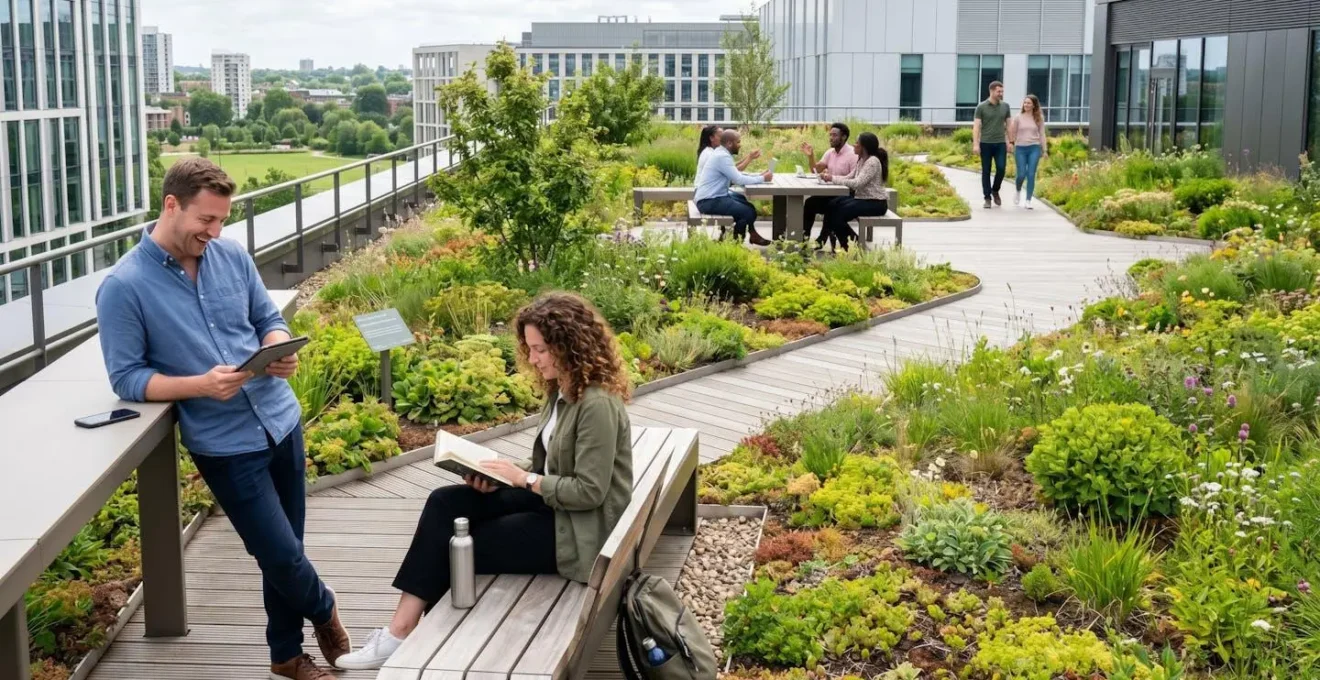 Extensive green roof installation on modern urban building with visible sedum and grasses, rooftop garden area with people walking in background, natural daylight