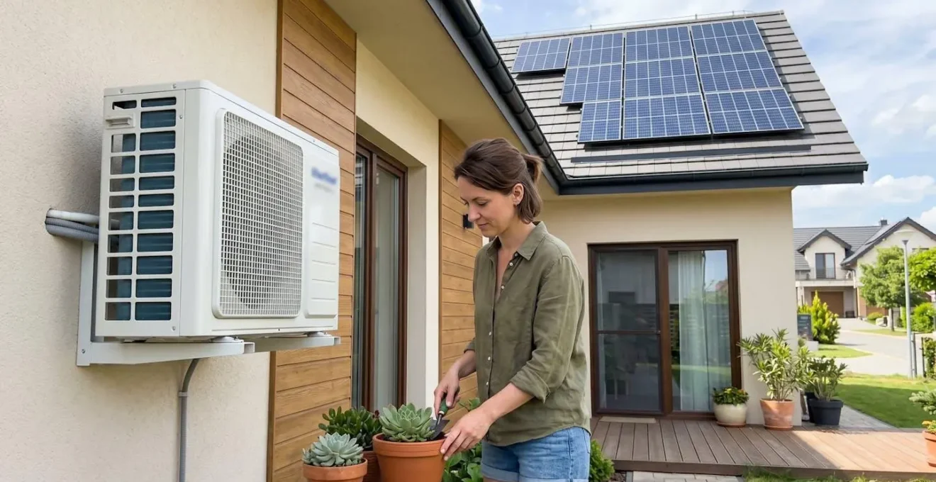 Modern split air conditioning unit mounted on exterior wall of contemporary house with solar photovoltaic panels visible on the roof in bright daylight