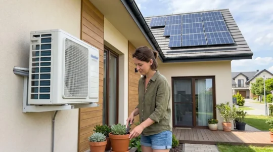 Modern split air conditioning unit mounted on exterior wall of contemporary house with solar photovoltaic panels visible on the roof in bright daylight